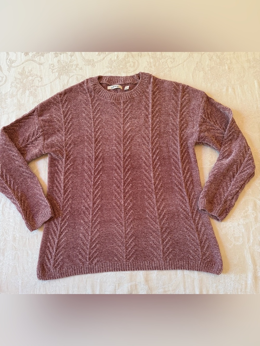 Orvis Women's Chenille Cable Knit Sweater Mauve Pink Crew Neck Pullover Size M